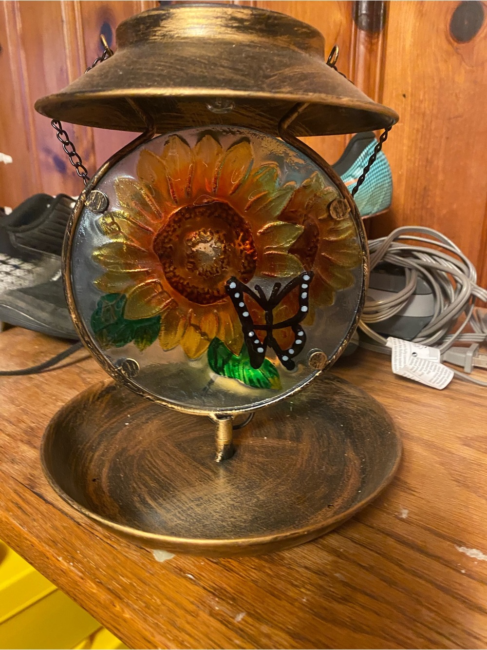 Sunflower & Butterfly Stained Glass Accent Hanging Bird Feeder 8.5”x7.5”